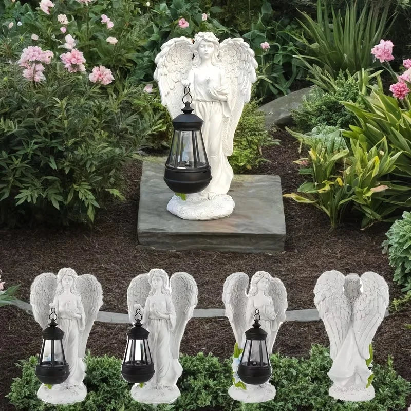 Antique Style Angel Statue with Glowing Lantern & Dove, White Resin Figurine with Floral Crown for Garden Decor,Outdoor Decor