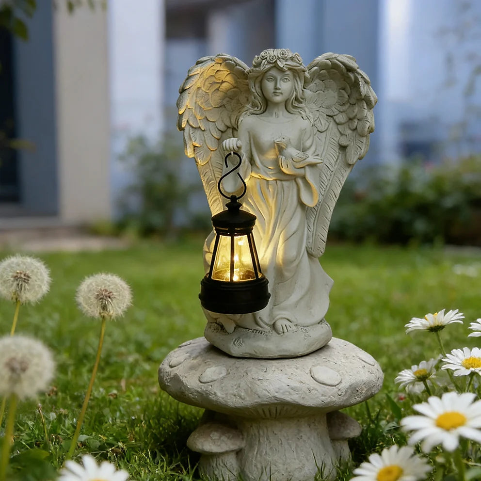 Antique Style Angel Statue with Glowing Lantern & Dove, White Resin Figurine with Floral Crown for Garden Decor,Outdoor Decor