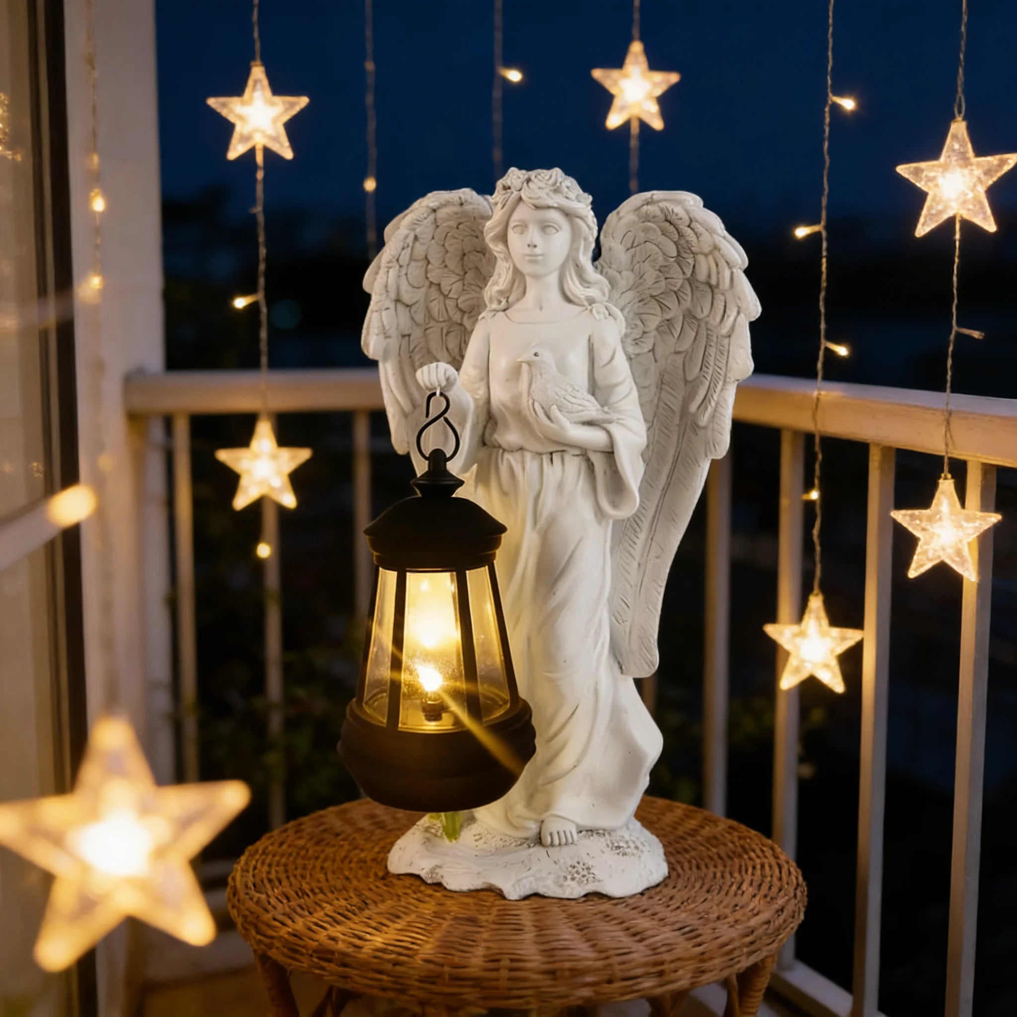 Antique Style Angel Statue with Glowing Lantern & Dove, White Resin Figurine with Floral Crown for Garden Decor,Outdoor Decor