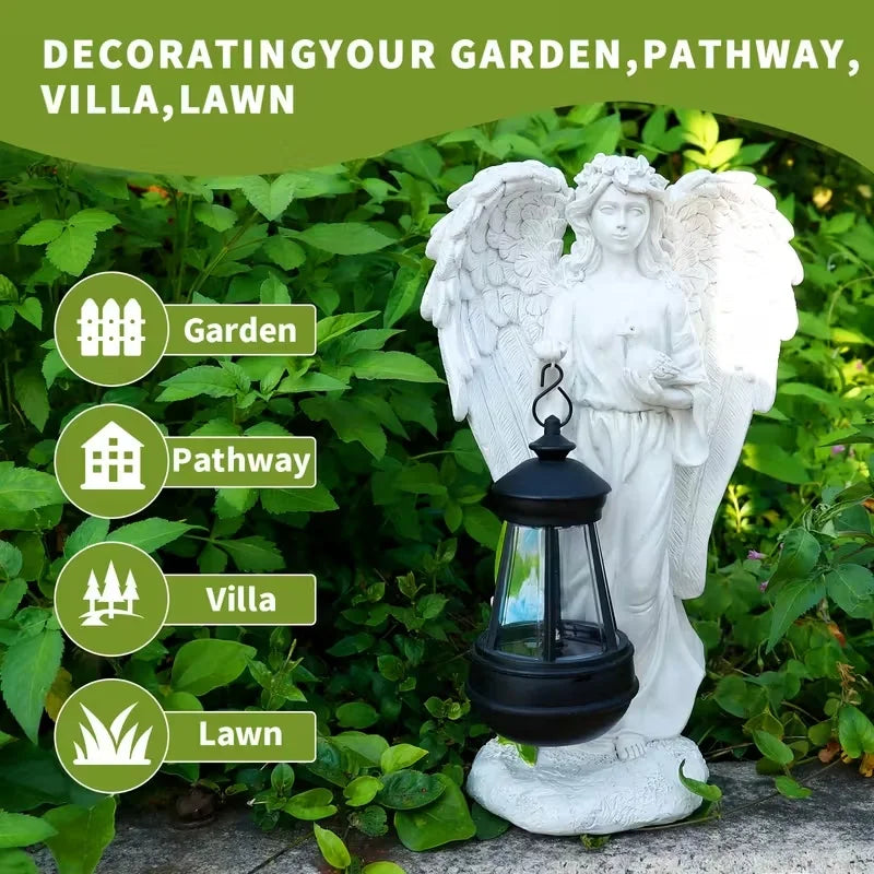 Antique Style Angel Statue with Glowing Lantern & Dove, White Resin Figurine with Floral Crown for Garden Decor,Outdoor Decor