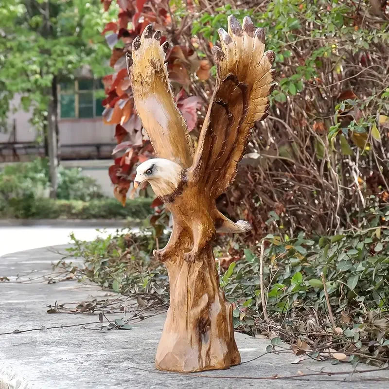 Majestic Bald Eagle Resin Sculpture with Spread Wings, Lifelike Eagle Statue on Tree Stump Base,Handcrafted Outdoor Garden Decor