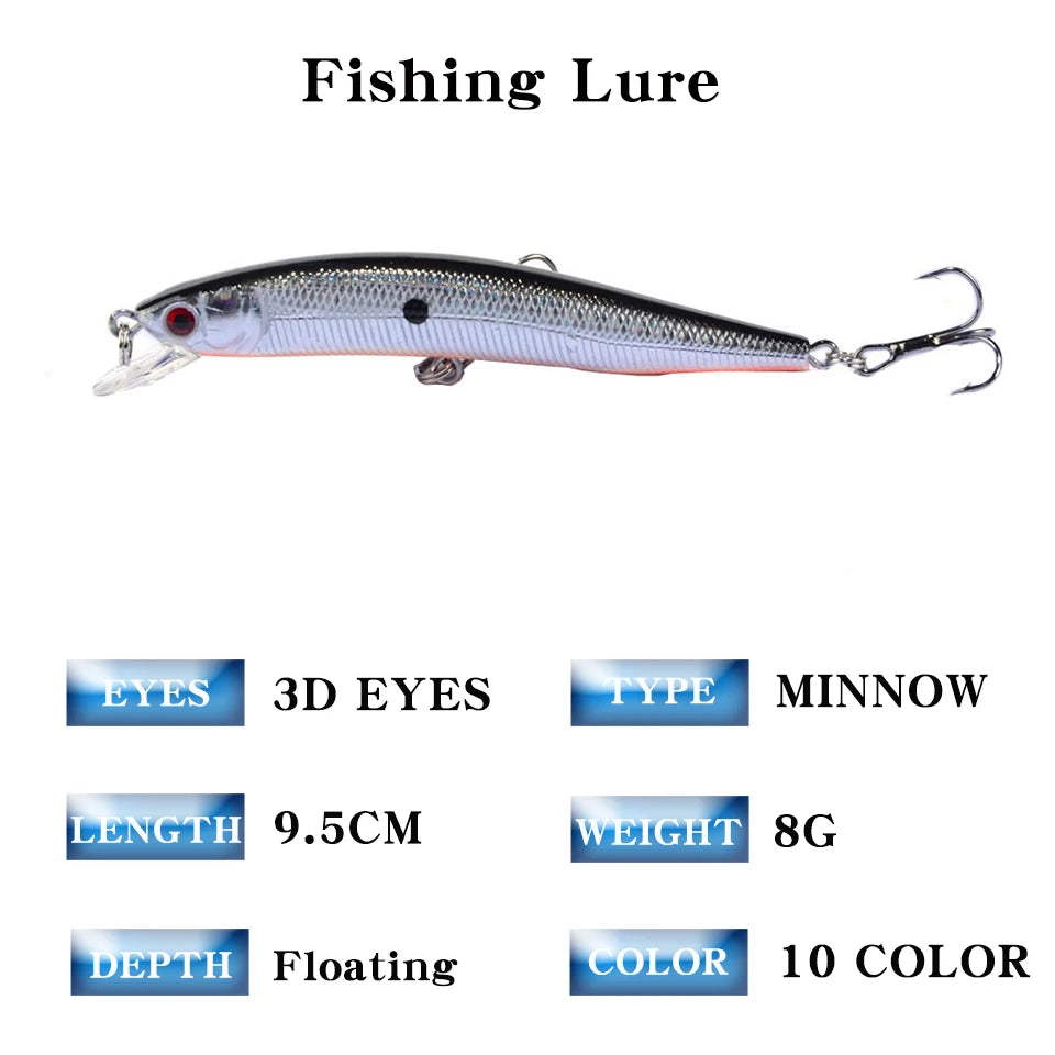 1PCS Minnow Fishing Lure 95mm 8g Floating Hard Bait Wobbler Jig Bait Crankbait Carp Striped Bass Pesca Fishing Tackle SwimBait